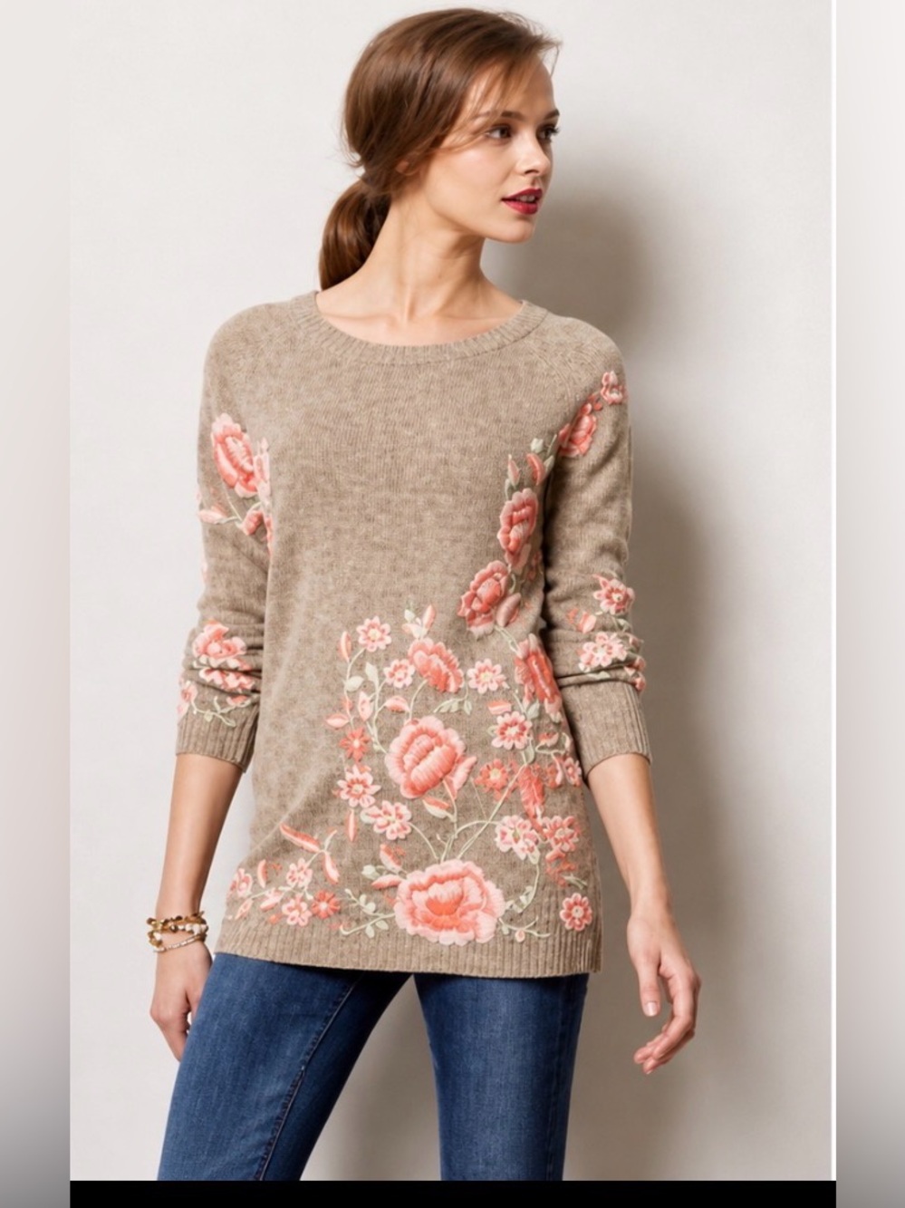 Anthropologie Sleeping On Snow Embroidered Ranunculus Tunic Sweater